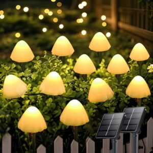 OZS 2PK 32LED 42FT Mushroom Solar Lights Outdoor Waterproof, LED Solar String Lights with 8 Lighting Modes, Garden Decor for Outside, Pathway Light for Fence, Patio, Yard (Warm White)