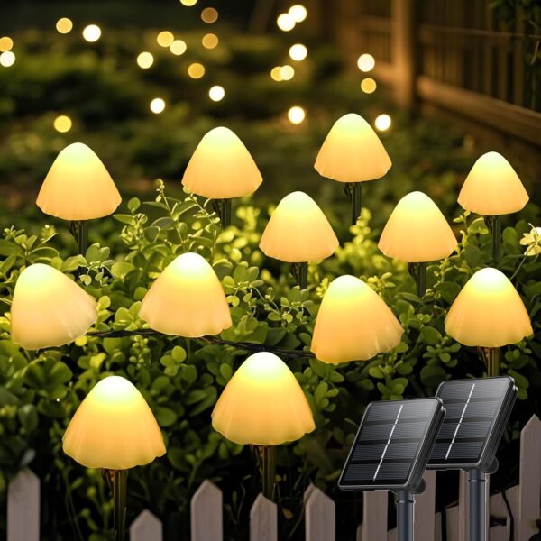 OZS 2PK 32LED 42FT Mushroom Solar Lights Outdoor Waterproof, LED Solar String Lights with 8 Lighting Modes, Garden Decor for Outside, Pathway Light for Fence, Patio, Yard (Warm White)