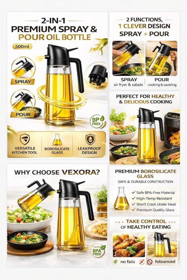 Oil Spray Bottle 2-in-1 (Spray & Pour) 500ml – Glass Dispenser for Cooking, Air Fryer, Kitchen | Leakproof Olive Oil Sprayer