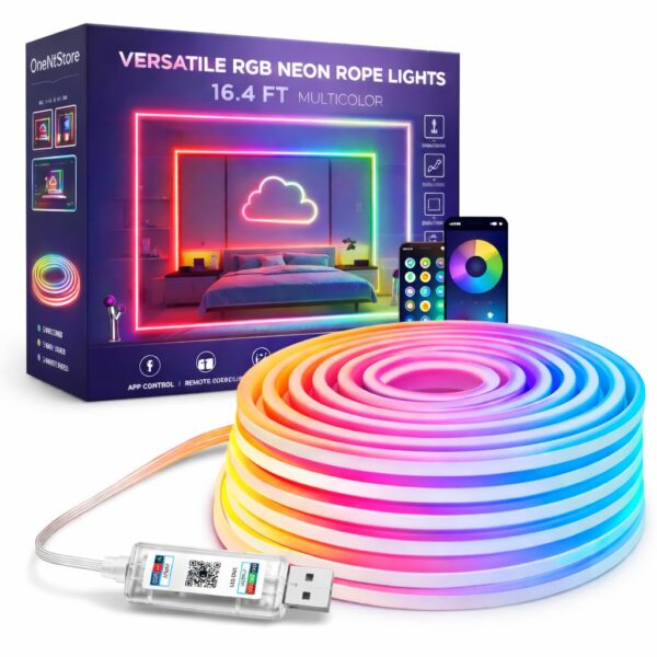 One94Store 5 Meter Smart RGB Neon LED Strip Lights with One94Store 5 Meter Smart RGB Neon LED Strip Lights with App & Remote | Music Sync Rope Light for Room, Gaming, Party, Diwali & Home Decoration