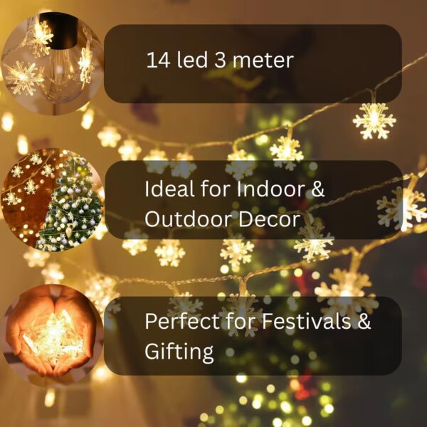One94Store Snowflake String Fairy Lights – 14 LED, 3 Meter, Warm White, Waterproof Plug-in Extendable Decorative Lights for Christmas, Wedding, Bedroom, Home & Garden