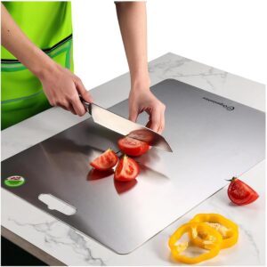 OrganizeMee Stainless Steel Chopping Board Extra Large for Kitchen (45 OrganizeMee Stainless Steel Chopping Board Extra Large for Kitchen (45 X 31.2 CM) Kitchen Food Grade,Cutting Vegetable Chopper Board with Anti Skid Silicon & Anti Rust Platform Countertop Pad