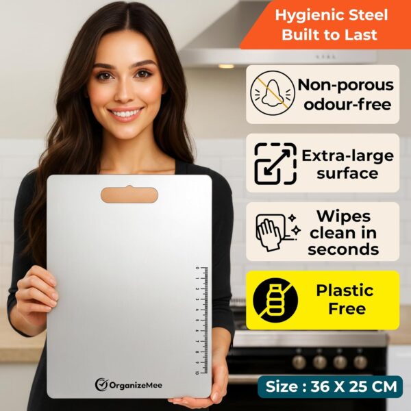 OrganizeMee-Stainless-Steel-Chopping-Board-Large-for-Kitchen-Premium-Cutting-Board-Vegetable-and-Fruit-Cutter-Chopper-Heavy-Duty-Metal-Chopping-Board-Big-Size-Pad-36-cm-X-25-cm.jpg OrganizeMee Stainless Steel Chopping Board Large for Kitchen - Premium Cutting Board Vegetable and Fruit Cutter Chopper, Heavy-Duty Metal Chopping Board, Big Size Pad (36 cm X 25 cm)