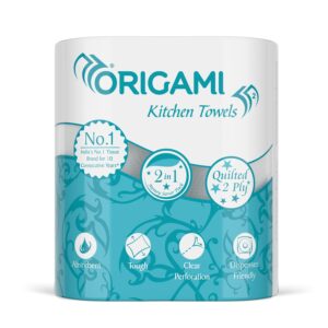 Origami 2 Ply 2 in 1 Kitchen Tissue Paper Roll | Tough, Super Absorbent & Food Safe Tissues for Spotless Cleaning | Ideal for Multi Purpose Use (60 Pulls Per Roll, 120 Sheets)