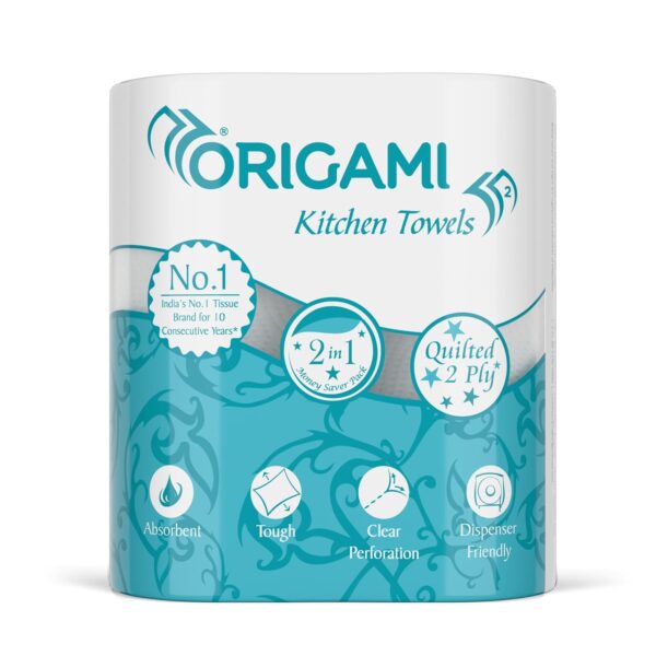 Origami 2 Ply 2 in 1 Kitchen Tissue Paper Roll | Tough, Super Absorbent & Food Safe Tissues for Spotless Cleaning | Ideal for Multi Purpose Use (60 Pulls Per Roll, 120 Sheets)