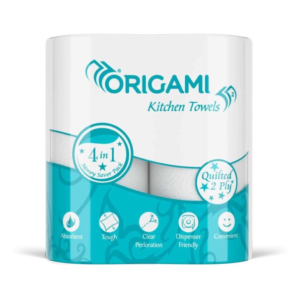 Origami 2 Ply 4 in 1 Kitchen Tissue Paper Roll | Tough, Super Absorbent & Food Safe Tissues for Spotless Cleaning | Ideal for Multi Purpose Use (60 Pulls Per Roll, 240 Sheets)
