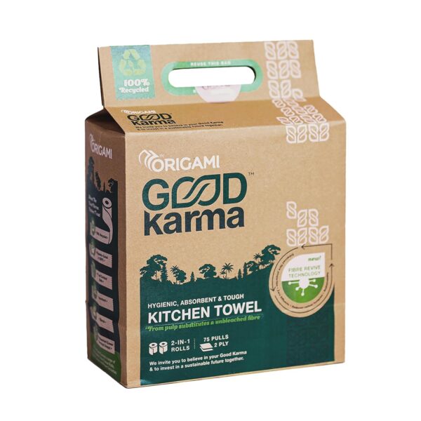 Origami Good Karma 2 Ply 2 in 1 Kitchen Tissue Origami Good Karma 2 Ply 2 in 1 Kitchen Tissue Paper Roll | Unbleached, Biodegradable & Super Absorbent for Spotless Cleaning | Ideal for Multi Purpose Use - (75 Pulls Per Roll, 150Sheets)
