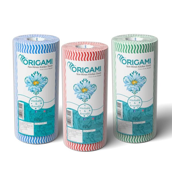 Origami Non Woven Reusable & Washable Kitchen Towel Roll | Origami Non Woven Reusable & Washable Kitchen Towel Roll | Ultra Absorbent, Antimicrobial & Anti Odour Wipes for Spotless Cleaning | Quick Dry Tissues Pack of 3 (80 Wipes Per Roll, 240Sheets)