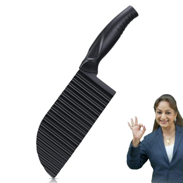 PANCA Black Crinkle Knife for Vegetables & Fruits | Wavy PANCA Black Crinkle Knife for Vegetables & Fruits | Wavy Cutter for Potatoes, Salad, French Fries & Chips | Non-Stick Stainless Steel Blade with Ergonomic Handle