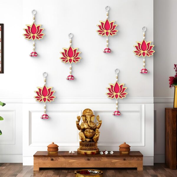 PANCA Lotus Wall Hanging with Jhumki - Set of 6 PANCA Lotus Wall Hanging with Jhumki - Set of 6 | Pink/Raani Artificial Flowers Bunch | Decorative Wall Hanging for Pooja Room, Mandir, Door, Varalakshmi & Diwali Festival Home Décor