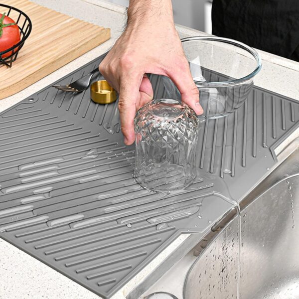 PANCA Silicone Dish Drying Mat for Kitchen | Large Utensil Drying Organizer Mat with Built-in Drain Lip | Anti-Slip, Heat Resistant Countertop Protector for Sink (Big Size)