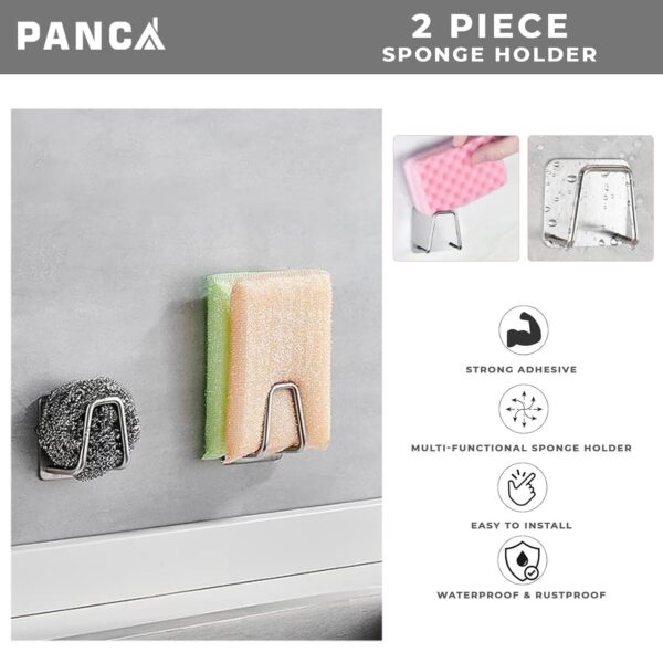 PANCA Stainless Steel Adhesive Sponge Holder for Kitchen Sink | Waterproof Caddy Organizer | Rustproof Sponge Rack for Scrubber & Brush | Kitchen Accessories (Pack of 2)