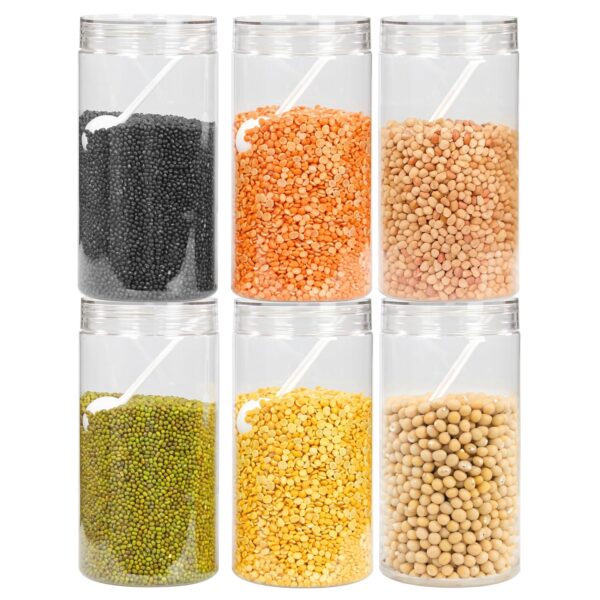 PEARLPET Tiffany Plastic Containers for Kitchen Storage |Plastic Container Set with Spoon |Bpa-Free, Stackable Jars |Transparent, 1400 Ml (Set of 6)