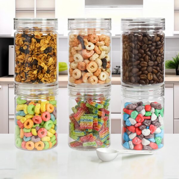 PEARLPET Tiffany Plastic Containers for Kitchen Storage | Plastic Container Set with Spoon | BPA-Free, Stackable Jars | Transparent, 300 ML (Set of 6)