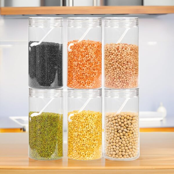 PEARLPET Tiffany Plastic Containers for Kitchen Storage |Plastic Container Set with Spoon |Bpa-Free, Stackable Jars |Transparent, 1400 Ml (Set of 6)