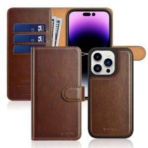 PULOKA - 2 in 1 Flip Cover for iPhone 14 Pro Max - Protective Case with Card & Cash Pockets - Detachable Flip Case, Kickstand & Magnetic Closure - Profesional & Premium Leather Finish Look -Brown