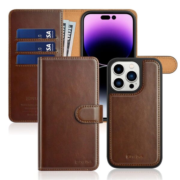 PULOKA - 2 in 1 Flip Cover for iPhone 14 Pro Max - Protective Case with Card & Cash Pockets - Detachable Flip Case, Kickstand & Magnetic Closure - Profesional & Premium Leather Finish Look -Brown