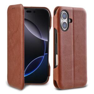 PULOKA - Sleek Flip Case- Compatible for iPhone 16 Plus- Premium Vegan Leather Phone Cover with Card Slot - Slim, Durable, Privacy Protection - Kickstand Function - Elegant Flip Wallet Cases- (Brown)