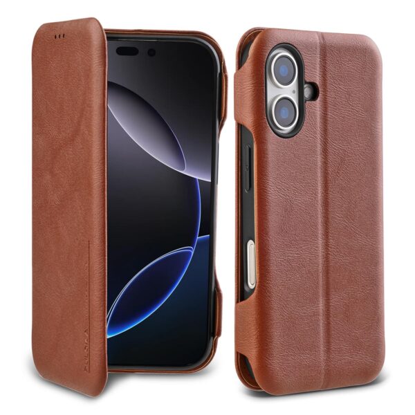 PULOKA - Sleek Flip Case- Compatible for iPhone 16 Plus- Premium Vegan Leather Phone Cover with Card Slot - Slim, Durable, Privacy Protection - Kickstand Function - Elegant Flip Wallet Cases- (Brown)