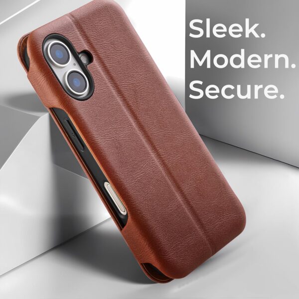 PULOKA - Sleek Flip Case- Compatible for iPhone 16 Plus- Premium Vegan Leather Phone Cover with Card Slot - Slim, Durable, Privacy Protection - Kickstand Function - Elegant Flip Wallet Cases- (Brown)