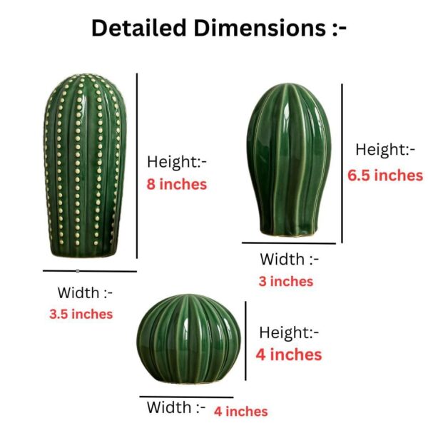 PUREZENTO 'CactusGlow' Ceramic Showpiece - Set of 3 | Stylish Boho Minimalist Cactus Green Matte Finish Figurines | Ceramic Decorative Showpiece for Home Decor, Living Room, Office, Tabletop & Shelf
