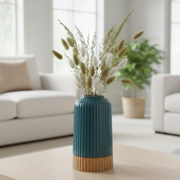 PUREZENTO Green Ribbed Ceramic Flower Vase for Home Decor (6 Inch) | Modern Flower Vase for Pampas Grass & Dried Flowers | Centerpiece Vase for Living Room, Bedroom, Dining Table, Office & Gifting