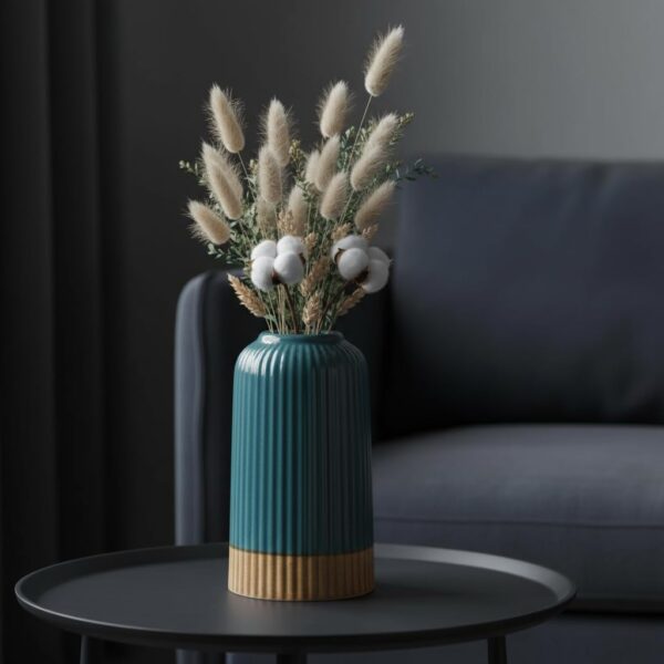 PUREZENTO Green Ribbed Ceramic Flower Vase for Home Decor (6 Inch) | Modern Flower Vase for Pampas Grass & Dried Flowers | Centerpiece Vase for Living Room, Bedroom, Dining Table, Office & Gifting