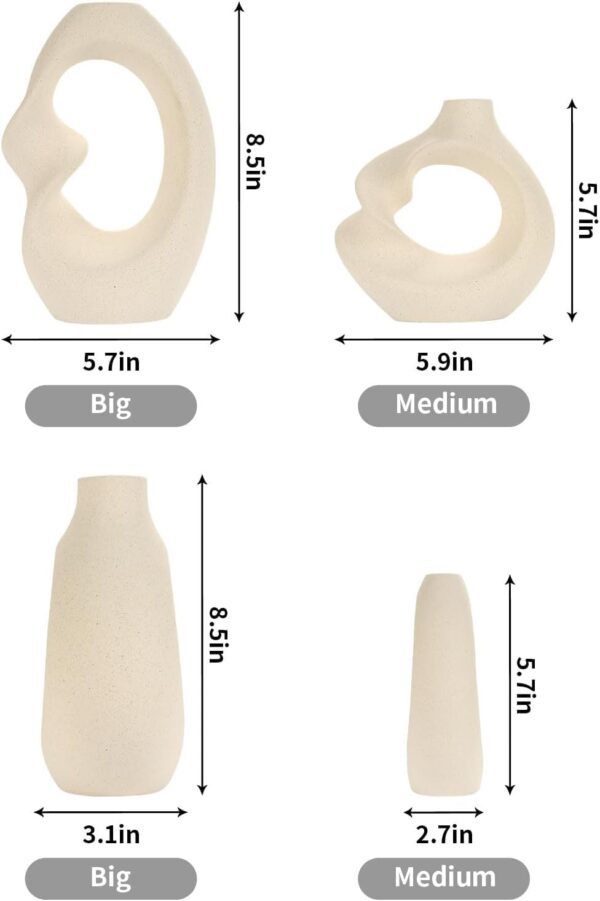 PUREZENTO Unique White Ceramic Donut Vase 8.5 & 5.7 Inch - Set of 2 | Decorative Donut Vase for Dried Flowers & Pampas Grass | Vases for Modern Home Decor, Living Room, Office Decor Ideas