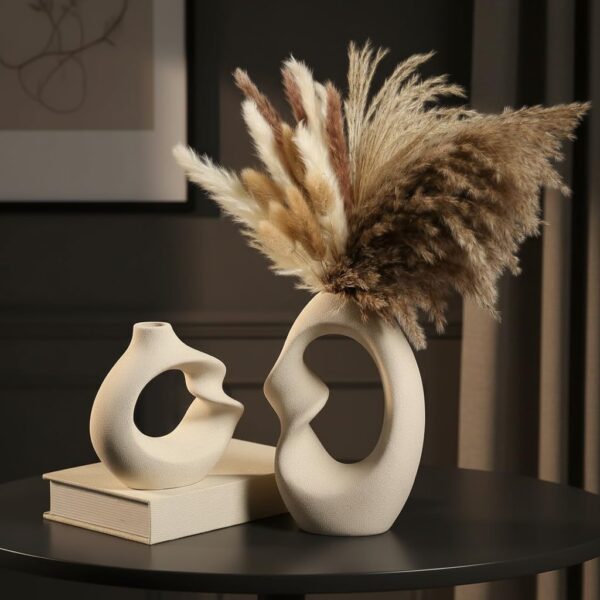 PUREZENTO Unique White Ceramic Donut Vase 8.5 & 5.7 Inch - Set of 2 | Decorative Donut Vase for Dried Flowers & Pampas Grass | Vases for Modern Home Decor, Living Room, Office Decor Ideas