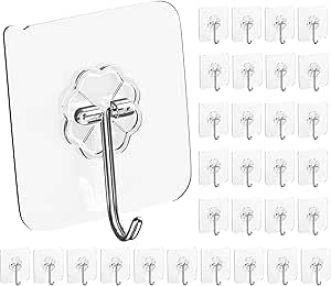 PVC Heavy Duty Self Adhesive Stainless Hooks 13.2LB (Max), Transparent Waterproof and Oilproof Wall Hooks for Kitchen Bathroom Shower Door Outdoor Home Improvement Utility Hook (30)