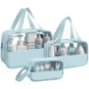 PVC Makeup Bag Travel Toiletries Organizer Cosmetic Bags Wash Bag PVC Makeup Bag Travel Toiletries Organizer Cosmetic Bags Wash Bag Pouch for Travel Kit Toiletry Bag Portable Organizer Case Carry Pouch for Women Bathroom Set of 3 (Blue)