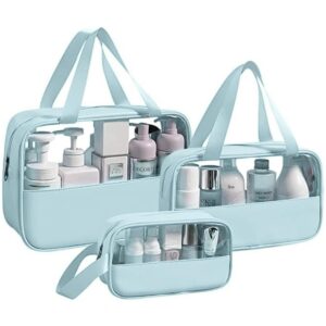 PVC Makeup Bag Travel Toiletries Organizer Cosmetic Bags Wash Bag Pouch for Travel Kit Toiletry Bag Portable Organizer Case Carry Pouch for Women Bathroom Set of 3 (Blue)