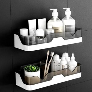Pack of 2 Self-Adhesive Plastic Bathroom Rack, Bathroom Shelf Organizer, Pack of 2 Self-Adhesive Plastic Bathroom Rack, Bathroom Shelf Organizer, Wall Mounted Shelf, Bathroom Hardware & Accessories, Storage Racks Kitchen Bathroom Accessories Rack Shelf, White & Black