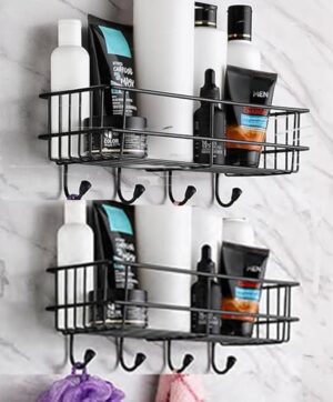 (Pack of 2) Steel Self-Adhesive Multipurpose Bathroom Shelf with Hooks/Towel Holder/Rack/Bathroom Accessories-Wall Mount - Pack of 2 (Black,Powder Coated)