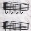 (Pack of 2) Steel Self-Adhesive Multipurpose Bathroom Shelf with Hooks/Towel Holder/Rack/Bathroom Accessories-Wall Mount - Pack of 2 (Black,Powder Coated)