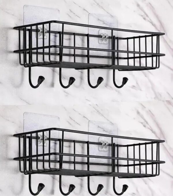 (Pack of 2) Steel Self-Adhesive Multipurpose Bathroom Shelf with Hooks/Towel Holder/Rack/Bathroom Accessories-Wall Mount - Pack of 2 (Black,Powder Coated)