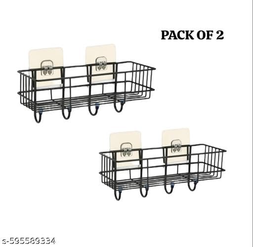 (Pack of 2) Steel Self-Adhesive Multipurpose Bathroom Shelf with Hooks/Towel Holder/Rack/Bathroom Accessories - Wall Mount - Pack of 2 (Black,Powder Coated)|TM-P7446