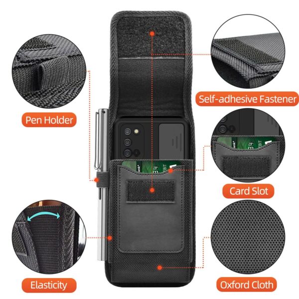 Phone Holster for Men Belt Clip Pouch, for iPhone 14, 14 Pro, 13, 13 Pro, 12 Pro, 12, X, XR, Xs, 11 Pro and More, 6.45" Nylon Cell Phone Holster Mobile Card Holder Case (L, Black)