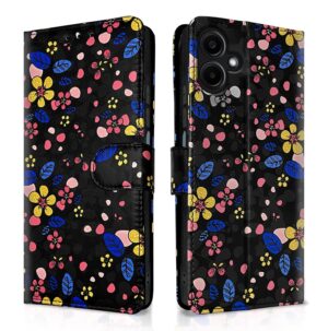 Pikkme Flip Cover for Girls Leather Finish | Inside TPU with Card Pockets | Wallet Stand and Shock Proof | Complete Protection Flip Case for Samsung Galaxy A06 (Black Flower)