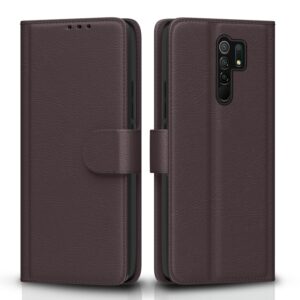 Pikkme Mi Redmi 9 Prime Flip Case Leather Finish | Inside TPU with Card Pockets | Wallet Stand and Shock Proof | Magnetic Closing | Complete Protection Flip Cover for Mi Redmi 9 Prime (Coffee)
