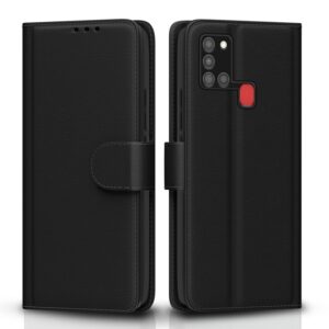 Pikkme Samsung Galaxy A21s Flip Case Leather Finish | Inside TPU with Card Pockets | Wallet Stand and Shock Proof | Magnetic Closing | Complete Protection Flip Cover for Samsung Galaxy A21s (Black)