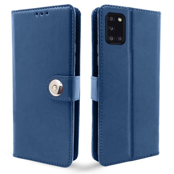 Pikkme Samsung Galaxy A31 Flip Cover| PU Leather Finish | 360 Protection | Wallet & Stand | Strong Magnetic Flip Case for Samsung Galaxy A31 (Blue Button)