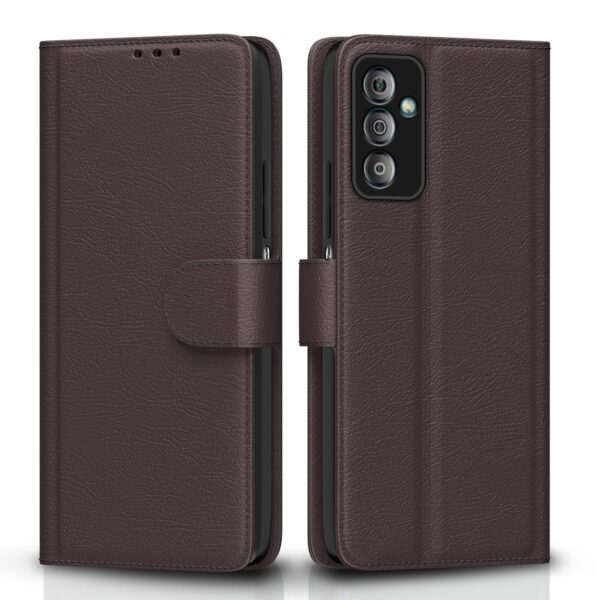 Pikkme Samsung Galaxy F23 5G Flip Case Leather Finish | Inside TPU with Card Pockets | Wallet Stand and Shock Proof | Magnetic Closing | Complete Protection Flip Cover (Coffee)