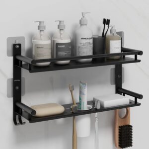 Plantex 5in1 Bathroom Organiser Without Drill/Stainless Steel Bathroom Shelf/Rack with Plantex 5in1 Bathroom Organiser Without Drill/Stainless Steel Bathroom Shelf/Rack with Steel Soap Stand for Wall/Tumbler/Brush Holder/Bathroom Fittings Accessories Set (Black)