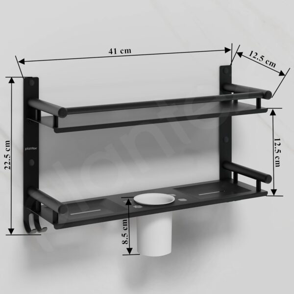 Plantex 5in1 Bathroom Organiser Without Drill/Stainless Steel Bathroom Shelf/Rack with Steel Soap Stand for Wall/Tumbler/Brush Holder/Bathroom Fittings Accessories Set (Black)