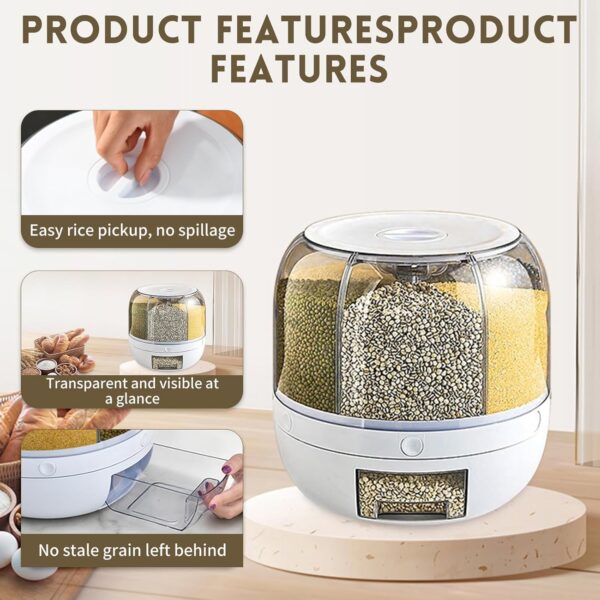 Plastic 6-Grid Round Food Dispenser | 360° Rotating Food Bucket Transparent Rice Storage Container | Rotatable Dry Food Fruit Cereal Storage Box Container with Lid for Home and Kitchen