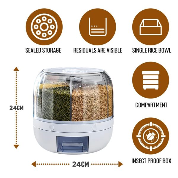 Plastic 6-Grid Round Food Dispenser | 360° Rotating Food Bucket Transparent Rice Storage Container | Rotatable Dry Food Fruit Cereal Storage Box Container with Lid for Home and Kitchen