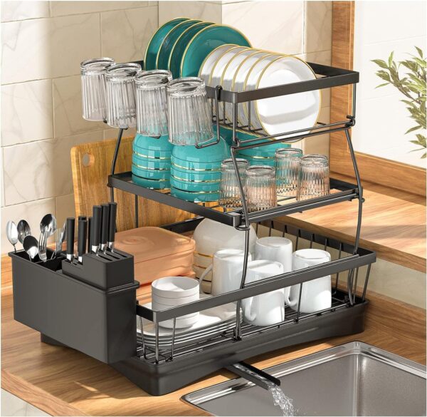 Plastic Dish Drainer, Dish Rack With Draining Board Set For Crockery Sets & Dish Rack For Counter, Tray, Drink Holder & Cutlery Traydish Glas (3 Layer), 32X8X8 Cm,Black