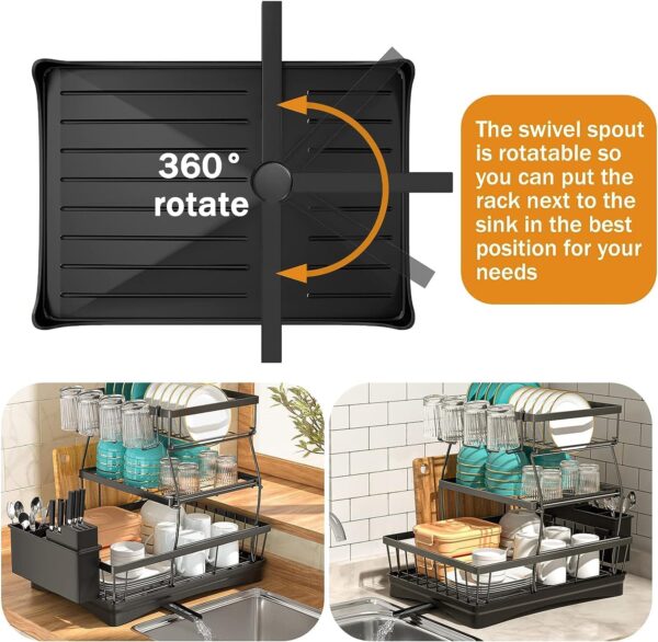 Plastic Dish Drainer, Dish Rack With Draining Board Set For Crockery Sets & Dish Rack For Counter, Tray, Drink Holder & Cutlery Traydish Glas (3 Layer), 32X8X8 Cm,Black