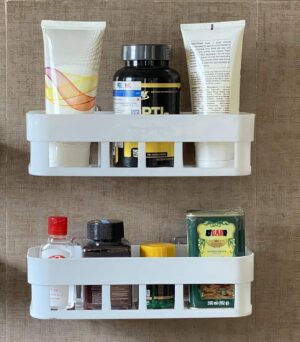 Plastic Strong Adhesive Bathroom and Kitchen Self Adhesive Wall Mounted Soap Stand and Bathroom Shelves Self Stick for Shampoo; Conditioner and etc - White (Bathroom Shelve 2Pcs)…